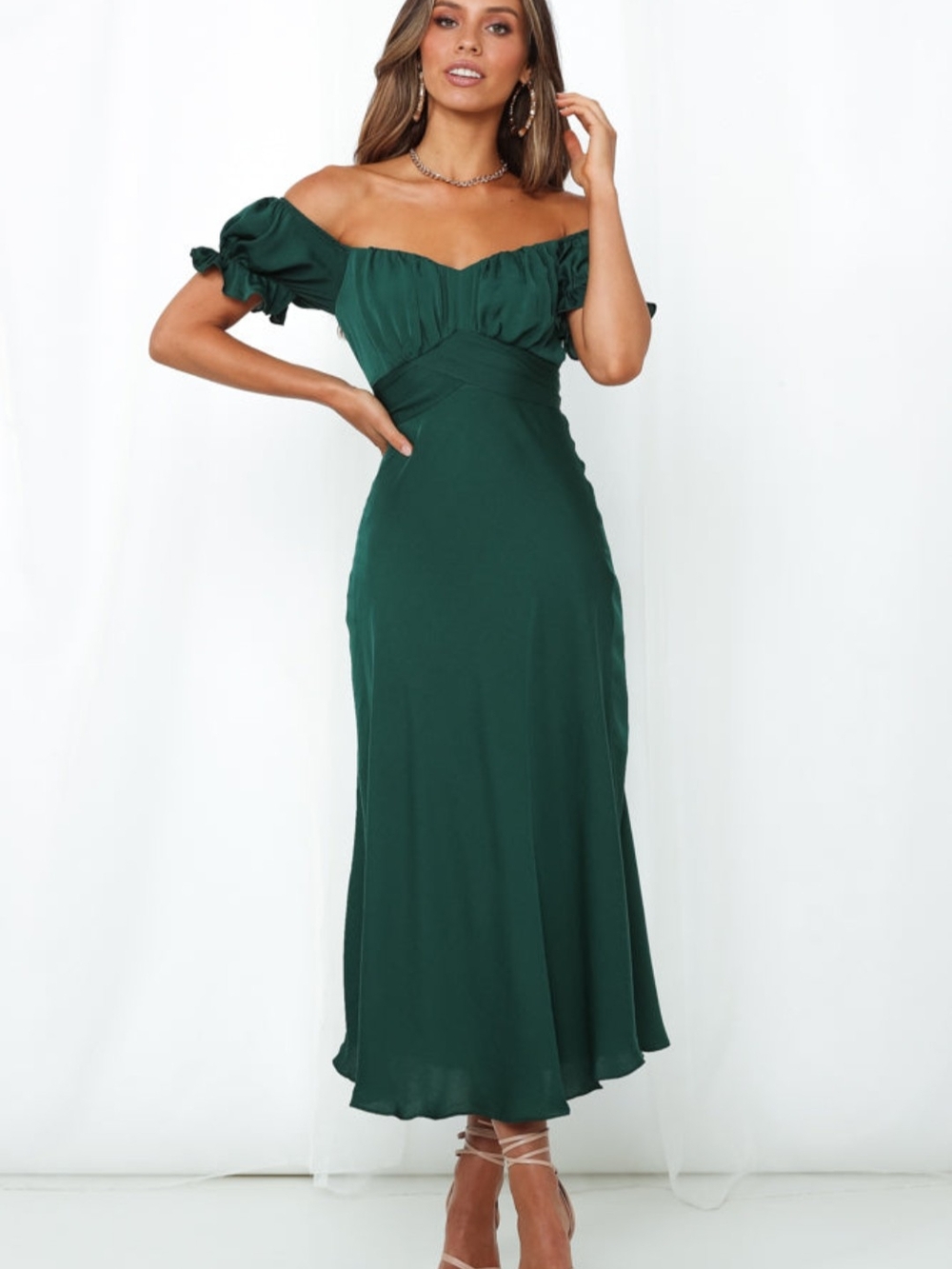 Off-Shoulder Emerald Green Midi Dress